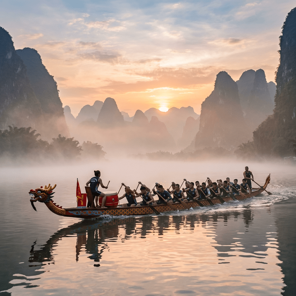 Dragon boat with paddlers rowing on misty river during sunrise